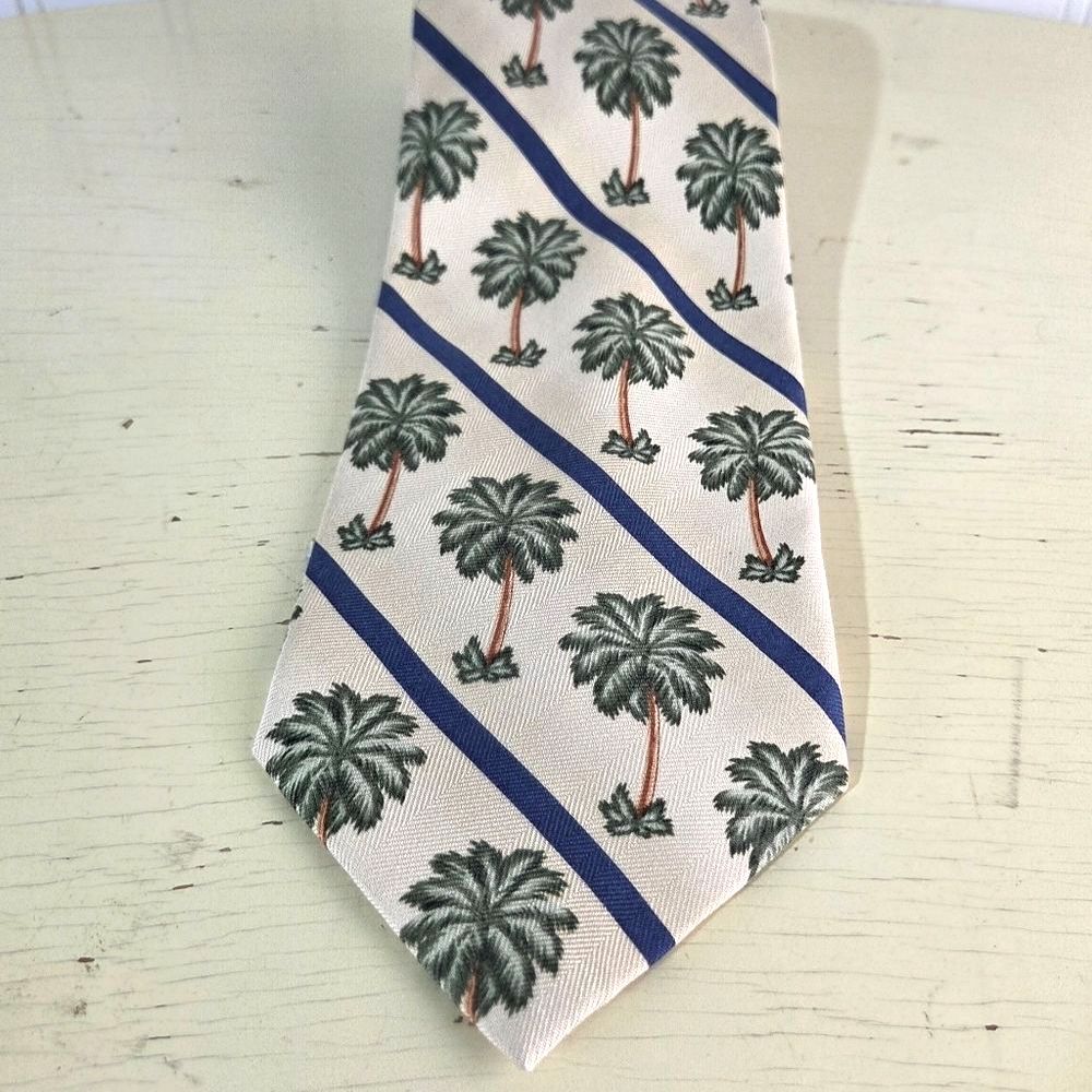 Tommy Bahama 100% Silk Tie Palm Tree Tropical Beige Blue Striped Mens Necktie